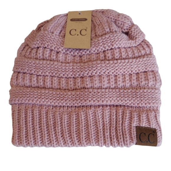 C.C Beanie Hat Womens Cable Knit Hat Pink Warm Lined New Hat Warm Winter - Picture 1 of 11